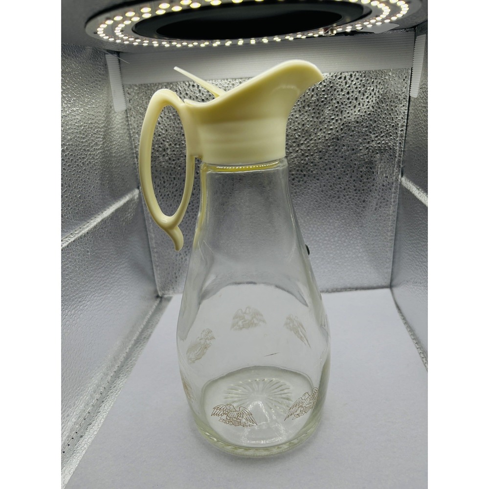 Vtg Glass Syrup Dispenser Pitcher with Cream Plastic Pour Spout Bicentennial